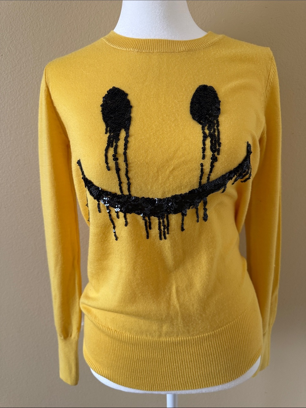 Markus Lupfer Yellow Crewneck Sweater Black Sequin Smile 100% Merino Wool Size S